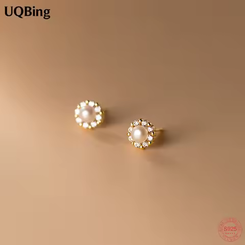 Drop Shipping 925 Sterling Silver 18K Gold Plated 7MM Round Fresh Water Pearl Women Zircon Stud Earr
