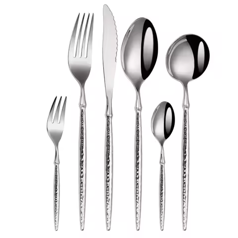 6/16/20/24Pcs Sliver Stainless Steel 304 Cutlery Set Sliver Tableware Western Hammer Pattern Handle 