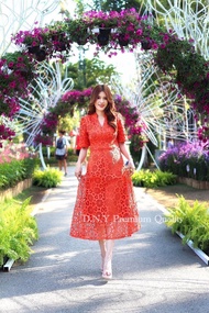 Maxi Dress ผ้าลูกไม้ ฉลุ แต่งคอวีแขนทรงสั้น M-5XL ชุดสาวอวบ อ้วน ชุดใส่ทำบุญ ลูกไม้ ชุดไปวัด ชุดงานห