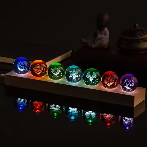 2026 New Genshin Impact 6cm 4cm Crystal Ball Night Light, 3D Engraved Seven Elements, Desktop Decor