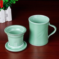 流轉千年青瓷辦公茶杯日式陶瓷家用帶茶漏過濾茶水分離知足同心杯