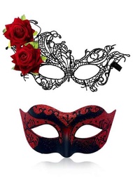 2入組鳳凰玫瑰仙女彩繪情侶化妝舞會面具,適用於威尼斯派對、狂歡節、角色扮演等場合