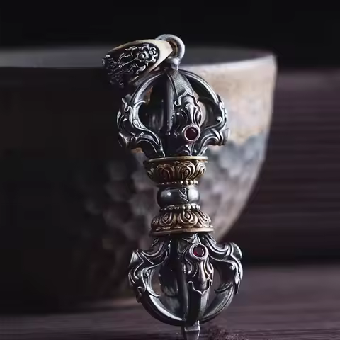Vintage Buddhist Dharma Vessel Exorcism Vajra Pendant Necklace for Men Necklace Religious Amulet Acc