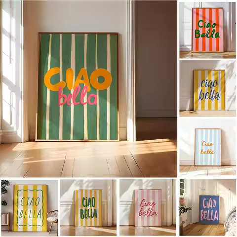 Ciao Bella Poster Sage Green Wall Art Stripe Print Preppy Aesthetic Kitchen Wall Art Dopamine DecorT