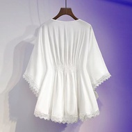Hot sale☽◑☢Plus Size Blouse Women Chiffon Shirt Korean Style Loose Cover Belly Waist Baju Blause Wanita