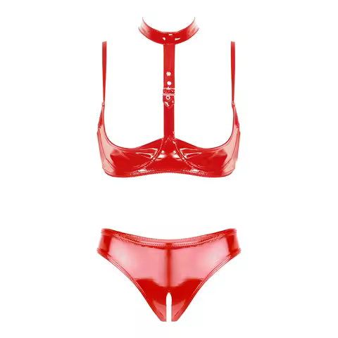 2Pcs Womens Wet Look Patent Leather Lingerie Set Open Cups Shelf Bra Top with Open Crotch High Cut B