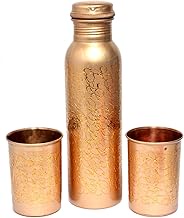 Eurasia Pure Copper Handmade Quality Set 1 Copper Bottle with 2 Copper Glass Tumbler 300 ML, Travel Use Water Bottle Ayurvedic Health Benefits