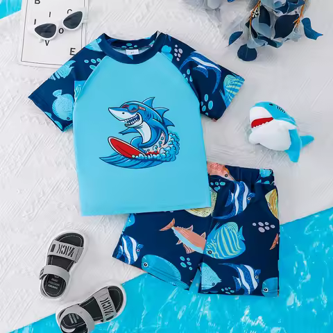 2pcs Summer Boys Shark Print Swimsuit Set, Short Sleeve Rash Guard + Swim Trunks, Cool Style, Beach/