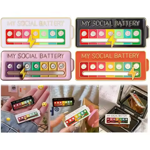 2/4PCS My Social Battery Pins for Women Men Slideable Mood Conversion Expression Brooch Funny Creati
