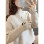 sweater woman winter sweater woman Half-turtleneck winter Korean-style solid color embroidered knitt