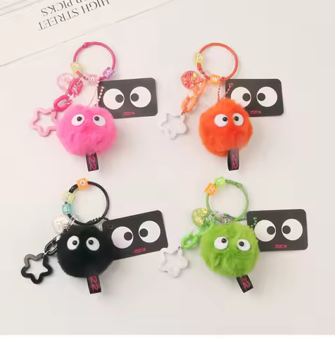 Cute Plush Monster Keychain 3D Cartoon Pompom Briquettes Charms With Key Rings For Girls Bag Earphon