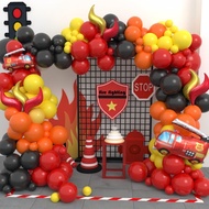 114pcs Fire Truck Theme Balloon Set with Fire Truck Red & Gold S-shaped Aluminum Foil Balloon, Red Y