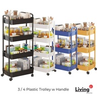 Plastic Handle Trolley 3 / 4 Tier Plastic Shelf Trolley Rack Storage Rack With Wheel Kitchen Trolley Ready Stock