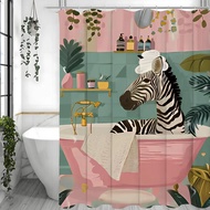 Original Bathroom Zebra Shower Curtain Floral Plants Pink Walls and Bathtub Green Tile Bathroom Deco