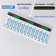 Bộ Sạc 12 cổng (không kèm pin) AA AAA Beston C9025L mẫu mới 2022 Sạc nhanh tự ngắt khi đầy đèn báo t