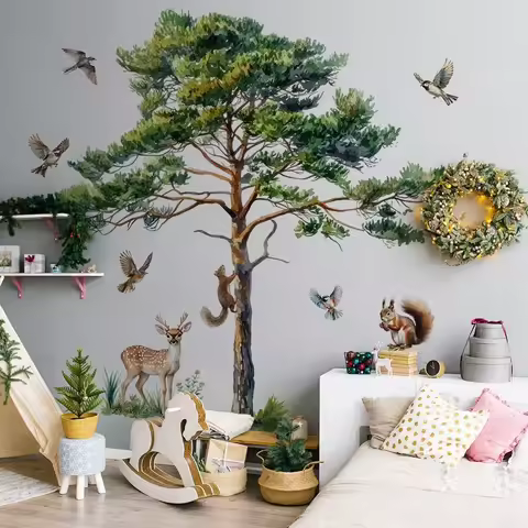 Pine Tree Squirrel Deer Wolf Wall Sticker Mountain Jungle Forest Animal Mushroom Wall Decals Classro