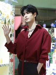 เสื้อเชิ้ตแขนยาวสีแดงไวน์ ZHANG LINGHE ทรงหลวมสบาย ๆ สไตล์ย้อนยุค ทรงปกติ ผ้าฝ้ายโพลีเอสเตอร์ ระบายอ