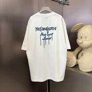 Top Version High Weight 320 YSL Back Tassel Letter Printed logo Round Neck Short-Sleeved Pure Cotton