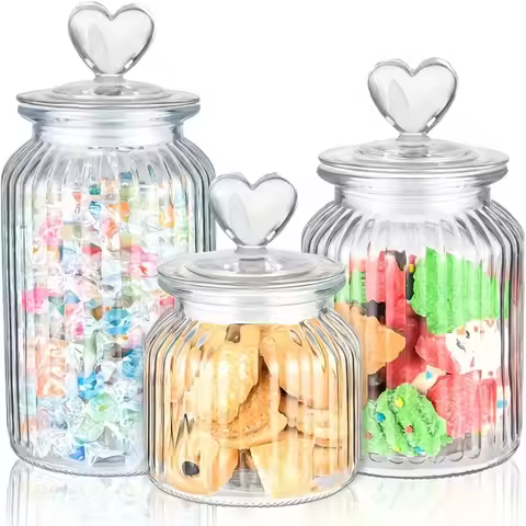 3 Pack Heart Lid Ribbed Glass Storage Jars, 22oz 30oz 45oz Airtight Clear Canister Set for Pantry Ca