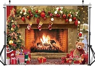 DHXXSC 8X6FT Christmas Fireplace Backdrop Vintage Christmas Tree Socks Gift Decoration Children Party Background Photography Portrait Photography Studio Booth Props Decoration Supplies DH-801