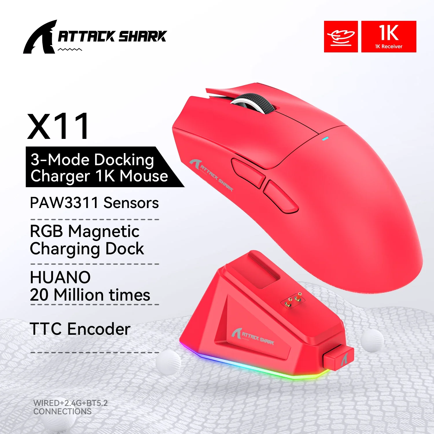 Attack Shark X11 Wireless Macro Gaming MouseBluetooth Tri-Mode Connection PixArt PAW3311 Touch Magne