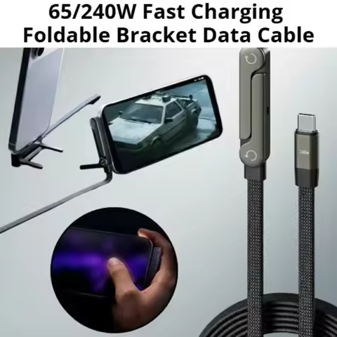 65W/240W 2-in-1 Foldable Fast Charging Braided Data Cable, Built-in Phone Tablet Stand Bracket, Comp