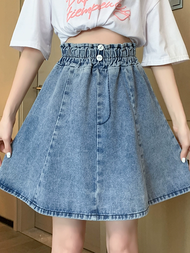 Mini elastic high waist denim skirt for woman A-line bottoms hot sweet girl pius size maong plada