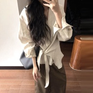KEMEJA Chuan Chuan Chuan Korean Style Minimalist Irregular Linen Long Sleeve Shirt for Women