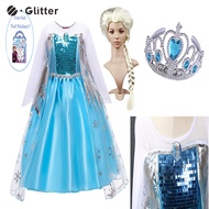 Dress for Kids Girl Frozen Elsa Cosplay Costume Blue Long Sleeve Snow Queen Princess Dress with Cape Crown Wig Accessories Outfits for Girls Party Clothes