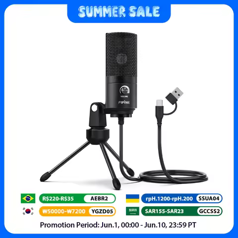 FIFINE USB Condenser Microphone with Gain Knob,Metal Recording Mic for Home Studio,Podcasting,Voice-