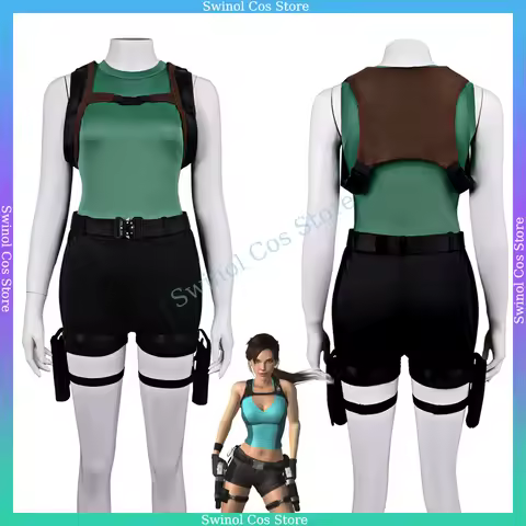 Lara Croft Cosplay Costume Classic Tomb Raider Lara Outfit Female Adventurer Teal Top Black Shorts w