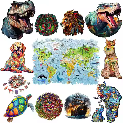 DIY Wood Jigsaw for Kids Adult Interesting Map of The World Wooden Animal Puzzle High Quality Puzzle