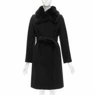 MAX MARA black fur collar virgin wool cashmere belted coat IT38 XS