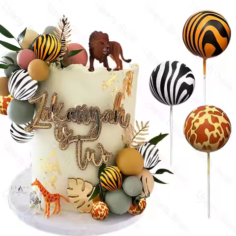 Jungle Animal Cake Toppers 3cm Zebra Giraffe Leopard Tiger Printed Balls Cake Decorations for Safari