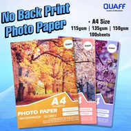 Quaff No Back Print Glossy Paper Inkjet A4 Size 115gsm 135gsm 150gsm 100 Sheets Pack Glossy Paper A4