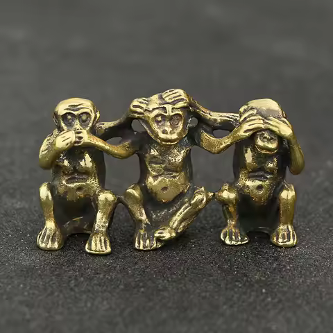 Mini Retro Brass Creative Cute 3-Monkeys Sitting Statue Animal Sculpture Home Office Desk Decorative