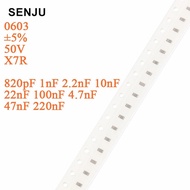 SENJU Capacitors 100pcs 0603 SMD Capacitor ±5% 50V X7R 820pF 1nF 2.2nF 4.7nF 10nF 22nF 47nF 100nF 22