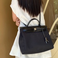 Hermes Herbag31 黑銀 帆布拼皮31*24*9 98新鑰匙*2 鎖塵袋