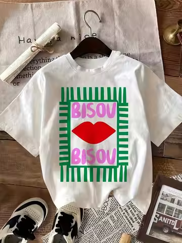 Women's Casual Short-Sleeve T-Shirt Summer Top BISOU BISOU Bold Lip Print and Striped Pattern Everyd