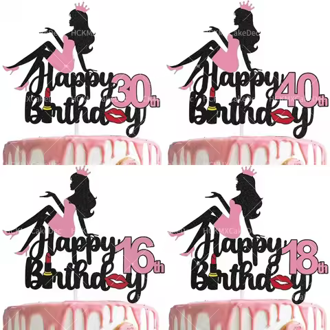 3PCS Red Lips Happy Birthday 16/18/30/40th Cake Topper for Women's Single Birthday Theme Party Cake 