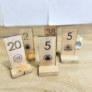 Wooden cafe restaurant table numbers, stand custom cafe logo table numbers