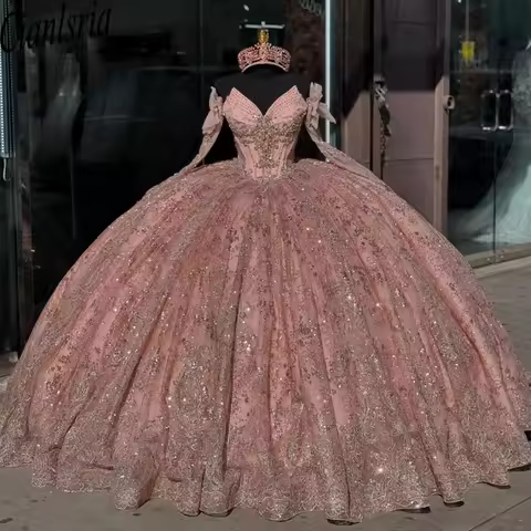 Rose Gold Quinceanera Dress Ball Gown 3D Floral Applique Beading Corset Sweet 16 Vestidos De XV 15 A