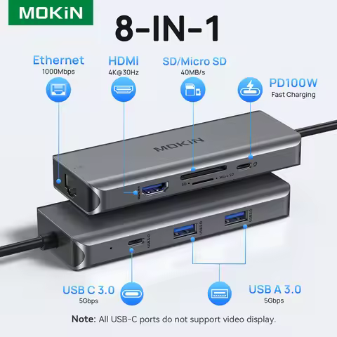 MOKiN USB Hub Adapter USB Type C Hub 8 in 1 - 4K30Hz HDMI 3USB 3.0 RJ45 1000Mbps SD/TF Card Reader P