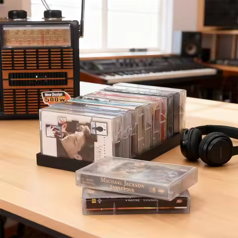 Magnetic Closure Cassette Tape Holder​ - Black Plastic Organizer Box, Stores 10 Tapes,Large Capacity