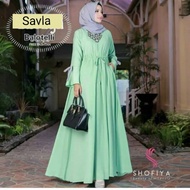 HIJAU Savla Maxi Gamis Dress Dress Maxy Brocade Strap Ribbon Front Waist Hand Long Sleeve Plain Color Mint Green Wardah Baby Dusty Dusti Dasti Pink Light Green/Dress Gamis Baju Syari Muslim Women Contemporary Fashion