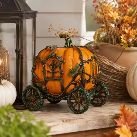 Halloween Pumpkin Carriage Resin Decor Vintage Gothic Fairy Tale Coach Ornament Rust Finish Tabletop