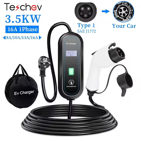 Teschev Type 1 Portable EV Charger 16A 1Phase 3.5KW J1772 Electric Car Charger EVSE Fast Charging Wa