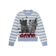 GANNI SWEATSHIRT Blue Striped Cat Knit Top