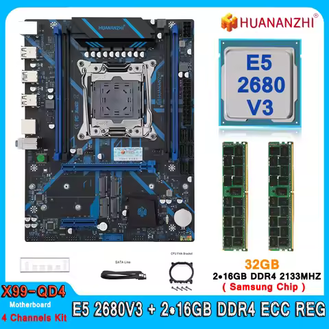 Huananzhi X99-QD4 Motherboard LGA 2011-3 Set Kit Combo with Xeon E5 2680 V3 CPU 32GB(2*16G) DDR4 213