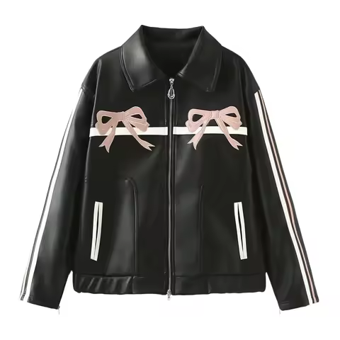 Pink Bow Motorcycle Leather Jacket Women's Coat With Zipper Outwear Black Pur Leather inszartrafs Ch